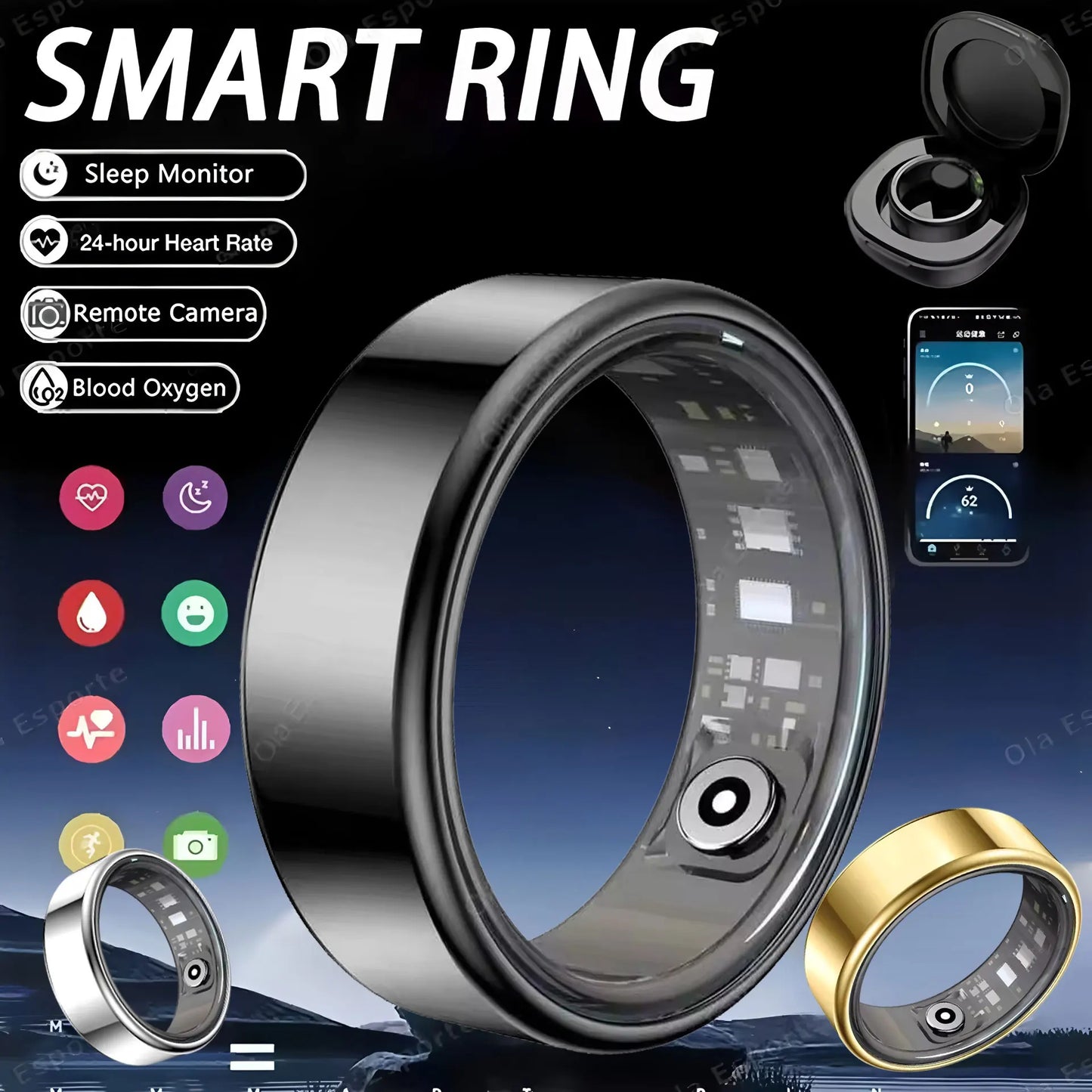 Anillo Inteligente con Base de Carga – Monitor de Salud, Sueño y Ritmo Cardíaco para Hombre y Mujer · Resistente al Agua IP68 y 5ATM · Modo Multideporte
